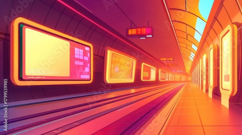 Fototapeta Naklejka Na Ścianę i Meble -  Futuristic metro station with vibrant neon lights and digital screens