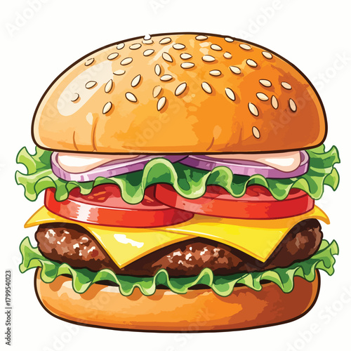 A vibrant burger illustration that's perfect for menus or blogs! It's mouthwatering, colorful, and makes you crave a juicy bite. Elevate your food visuals!