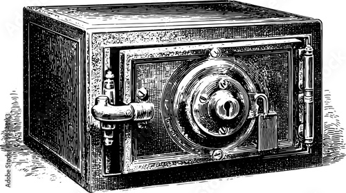 Vintage safe illustration featuring a sturdy lock and detailed design. This classic security item is depicted as a metal container in vector style.