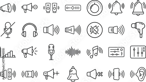 Bundle of Audio, Sound, and Music Line Art Icons: Speakers, Volume Control, Headphones, Microphone, Notifications, and Equalizer Graphics