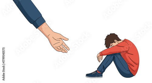 Offering a helping hand to a sad, lonely, depressed, young man in need of friendship and support in a time of emotional struggle and crisis