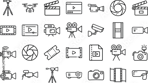 Bundle of Video Production, Photography, and Filmmaking Line Art Icons: Camera, Clapperboard, Media Player, Drone, and Cinematography Symbols