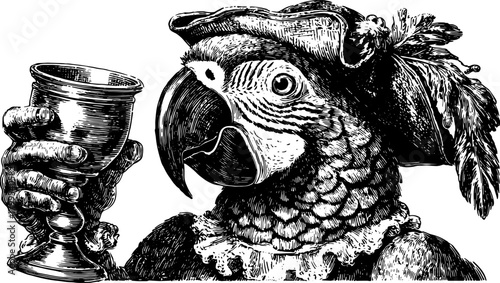 Vintage illustration of a parrot holding a cup. Detailed black and white vector illustration showcasing elegant features and accessories.