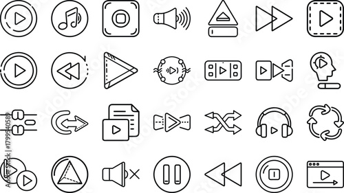 Bundle of Media Player and Audio Control Line Art Icons: Play, Pause, Skip, Volume, Shuffle, Music, and Video Playback Symbols Graphics