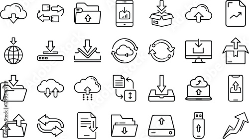 Bundle of Data Transfer, Cloud Computing, and File Management Line Art Icons: Download, Upload, Sync, Storage, and Networking Symbols
