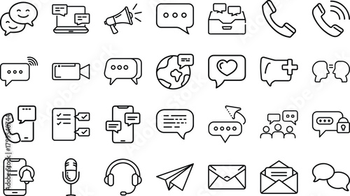 Bundle of Communication, Contact, and Messaging Line Art Icons: Chat Bubbles, Phone Calls, Social Media, Customer Support, and Global Connection Symbols