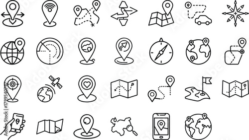Bundle of GPS Navigation, Location Pin, and Travel Line Art Icons: Mapping, Route Finding, Compass, World Globe, and Geolocation Symbols