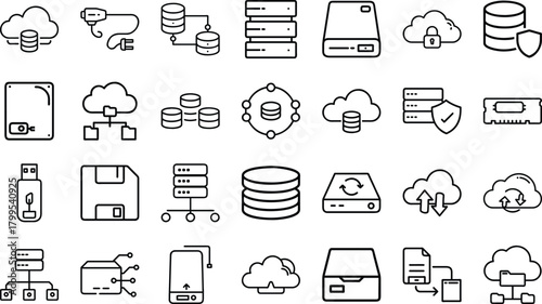 Bundle of Data Storage, Networking, and Cloud Computing Line Art Icons: Server Racks, Hard Drives, Database, Security, and File Transfer Symbols