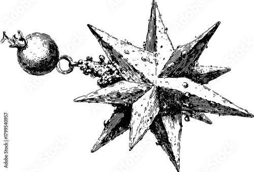 Vintage engraving of a star-shaped weapon. Detailed line drawing in black and white vector illustration showcasing unique design and craftsmanship.
