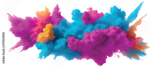 Dramatic Multicolor Powder Blast with High-Energy Pink Blue and Yellow Smoke Clouds Bursting into Air on White Background Perfect for Modern Abstract Design Vibrant Art Themes and Festival Graphics