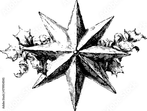 Vintage star compass illustration in black and white. Detailed vector set suitable for navigation themes.
