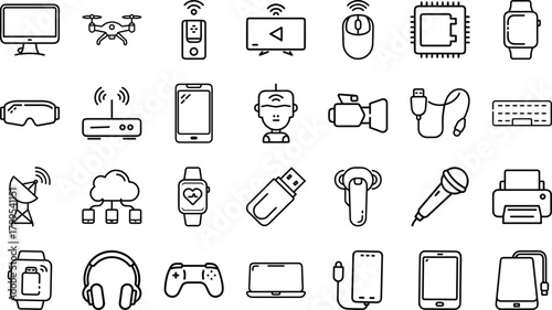 Bundle of Electronic Devices and Technology Line Art Icons: Computer, Smartwatch, Drone, Robotics, Gaming, and Communication Gadget Symbols