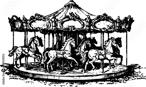 Vintage carousel with horses in a detailed line drawing style. Black and white vector illustration depicting classic amusement decor.