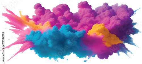 Dramatic Multicolor Powder Blast with High-Energy Pink Blue and Yellow Smoke Clouds Bursting into Air on White Background Perfect for Modern Abstract Design Vibrant Art Themes and Festival Graphics
