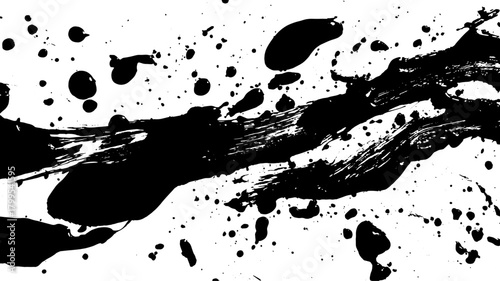 Black paint splash texture on a white background. Abstract vector illustration showcasing smooth strokes and dynamic graphic style in a creative set.