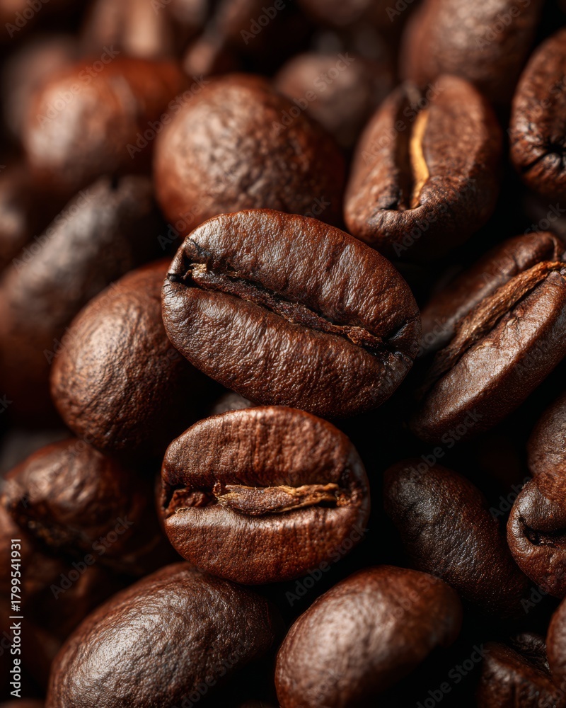 Naklejka premium A close-up of roasted coffee beans with rich dark tones and textured surfaces.