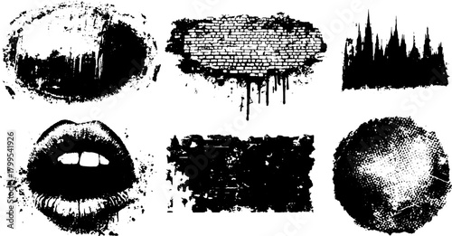 Vintage engravings and line drawings in black and white. The set features various textures and details, perfect for graphic design projects. Vector illustration included.