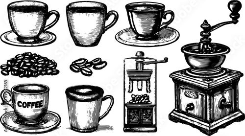 Vintage coffee set with cups, beans, and a grinder. Hand-drawn vector illustration depicting coffee preparation in detailed artwork.