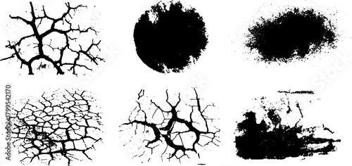 Black and white texture featuring various crack patterns and abstract shapes. This vector illustration showcases a set of grunge and distressed surfaces.