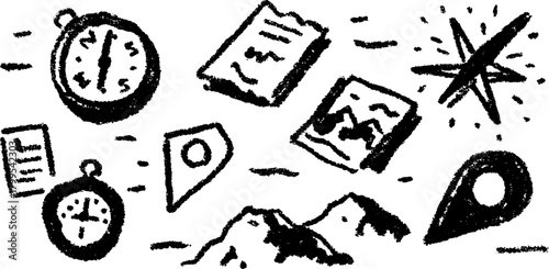 Set of sketches including a compass, clock, and map. Hand-drawn vector illustrations for outdoor adventure themes.