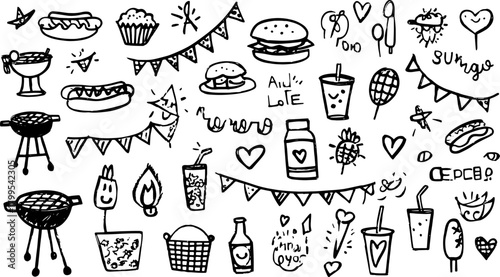 Food illustrations featuring hotdogs, burgers, drinks, and snacks in a flat vector style. This set is designed for summer-themed illustrations.