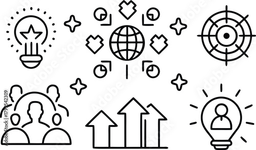 Business and strategy icons: idea, teamwork, growth, global reach, target