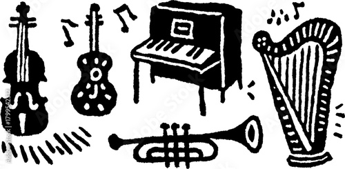 Musical instruments in black and white: violin, guitar, trumpet, piano, harp with notes. Vector illustration and set depicting musical themes.
