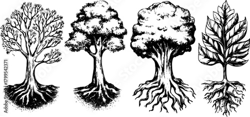 Trees and leaves with detailed roots in black and white. Hand-drawn vector illustration set showcasing various plant structures.