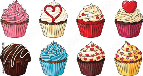 Collection of eight colorful decorated cupcakes with various toppings and frosting