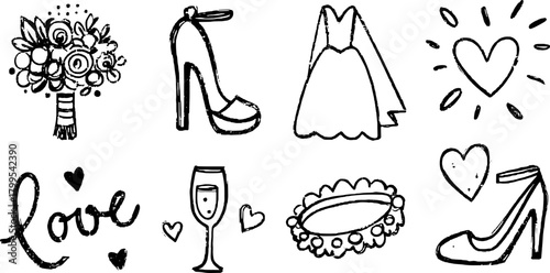 Bouquet, shoe, dress, and heart icons in a hand-drawn style. Simple black outline illustrations in this vector set for wedding themes.