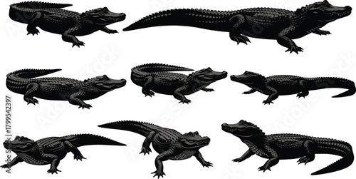 Alligator crocodile silhouette vector set, wild reptile animal illustration, swamp wildlife design for nature, zoo, jungle and adventure theme