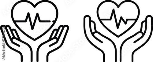 Hands cradling a heart with a heartbeat line inside representing health and care.