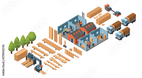 Fototapeta Naklejka Na Ścianę i Meble -  Isometric lumber mill operation illustrating sustainable forestry and wood production with trucks and workers preparing timber for distribution