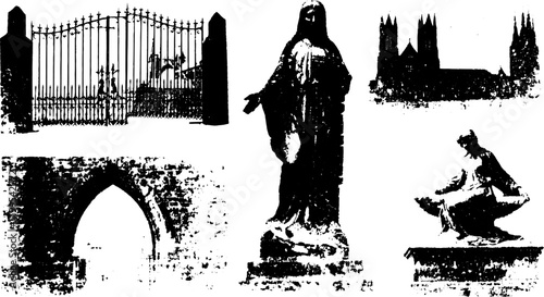 Illustration of a gate and statue in black and white. Features historical architecture with gothic and ornate elements; vector set.