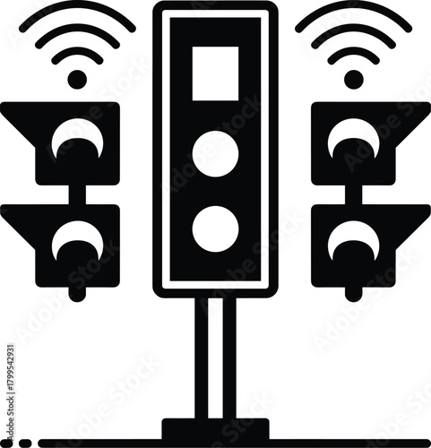 Smart traffic light system with wireless network connection, modern road signal design, transportation control, safety technology, cad drawing flat vector illustration