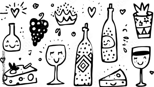 Food and drinks vector illustration set featuring wine bottles, glasses, and cheese with a simple, playful design.