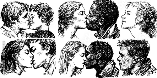Kissing couple silhouettes in retro engraving style. Black vector illustration with hand-drawn outline and vintage texture.
