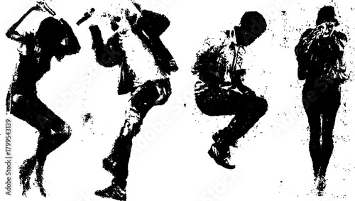 Engraving style line drawing of dynamic silhouettes in motion. Vintage vector illustration captures energy among abstract figures in a set.