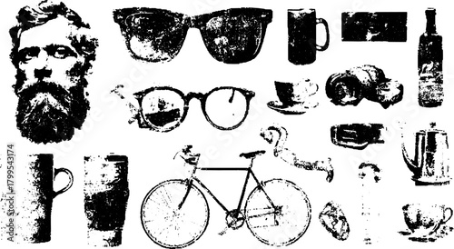 Engraved vintage illustrations including various objects in a classic outline style. Retro graphic vector set for use in design projects.