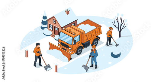 Team tackling winter cleanup with snowplow and shovels near cozy home, promising safe passage after heavy snowfall in residential community