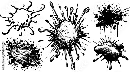 Ink splash and paint spatter illustrations in outline style. Black and white vector illustration set for technical and professional uses.