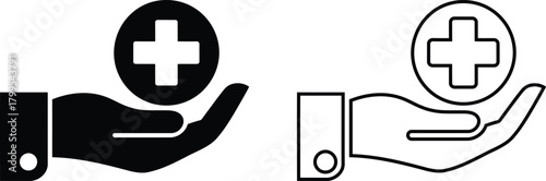 Healthcare support glyph icon with hands holding a heart and medical cross symbol. Healthcare, first aid, and medicine icon.