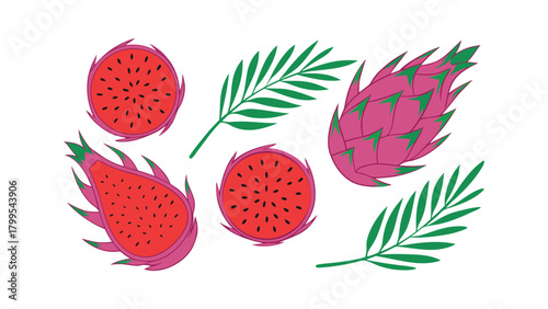 Assorted Dragon Fruit Halves Whole Fruit and Green Palm Leaves pitaya tropical fruit