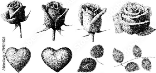Outline drawings of roses and hearts in a vintage engraving style. This vector illustration showcases detailed black and white elements in a decorative set.