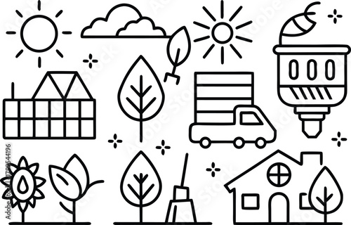Illustration of agriculture and farming related icons in line art style