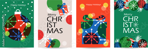 Christmas card or posters set vector illustration. Modern greeting merry xmas and happy new year backgrounds with typography, christmas tree, balls, gifts, snowflakes. 