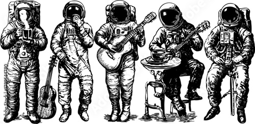 Astronaut musicians performing with guitar in a vintage engraving style. Detailed black outline illustration set with a space theme.