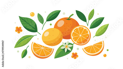 Assortment of Oranges, Slices, Flowers and Leaves on White Background Keywords: orange, fruit, food, citrus, sweet, juicy, slice, cut, whole, leaf