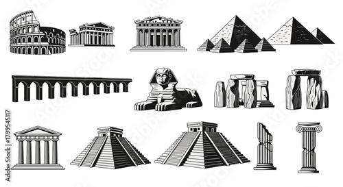 Iconic ancient wonders collection featuring Colosseum, pyramids, Sphinx, Stonehenge, temples, aqueduct, and Mayan structures for global travel and history concepts.
