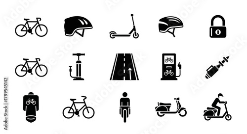 Dynamic collection of modern icons representing cycling, scooters, and transportation safety, perfect for urban mobility concepts.